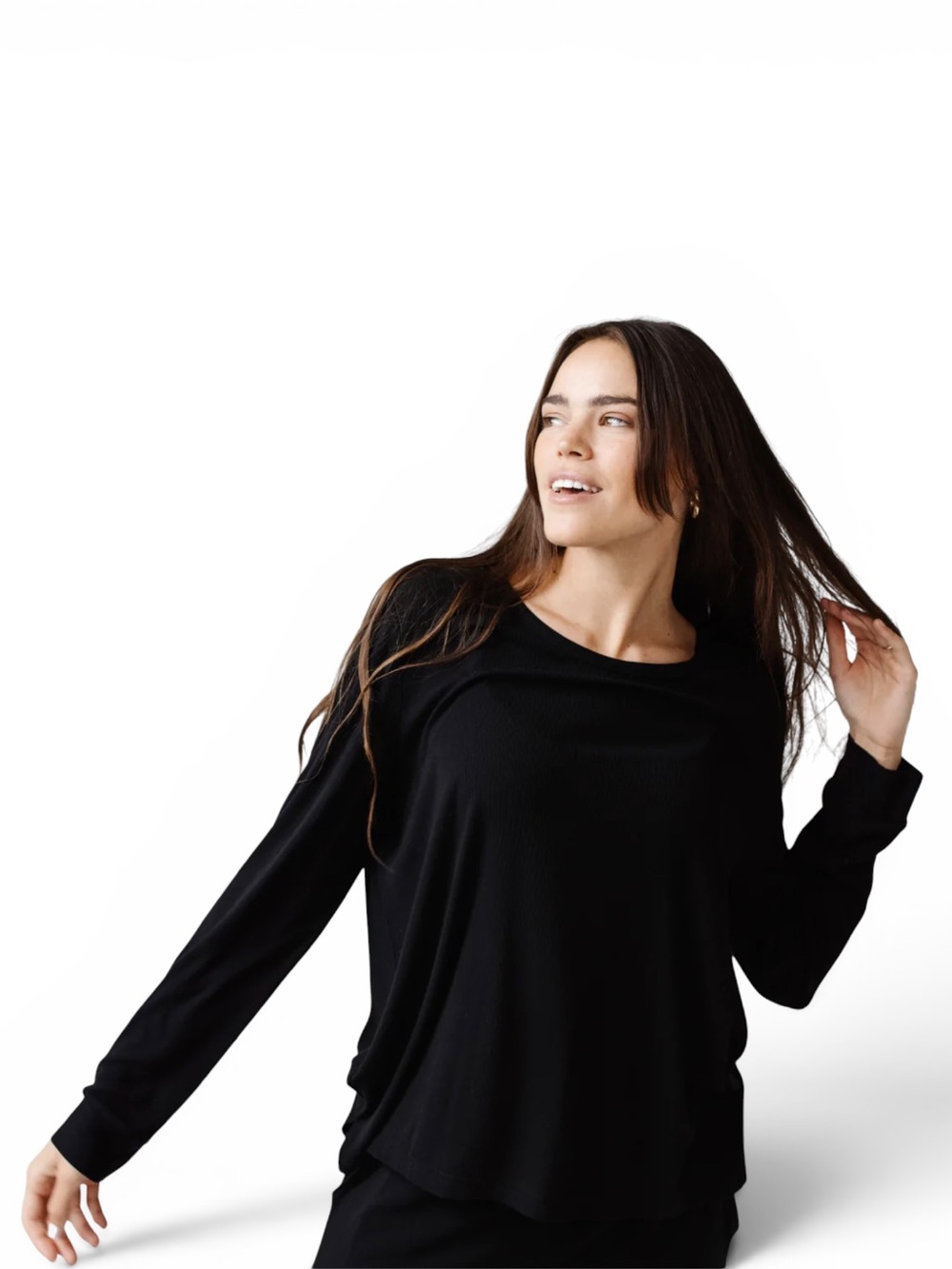 COZY EARTH 'Rib-Knit Bamboo Long Sleeve Lounge Top' in Black